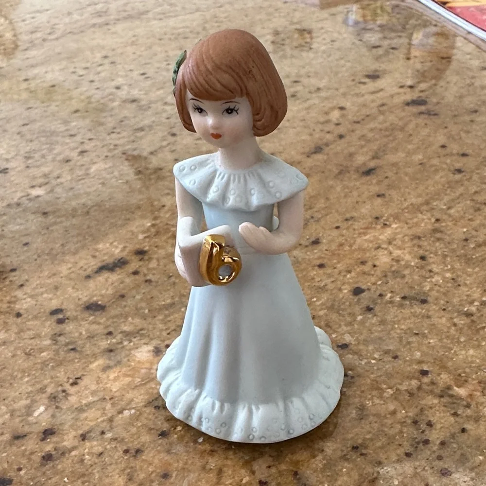 Elegant White and Gold girl 6th Birthday Cake Topper with brown hair